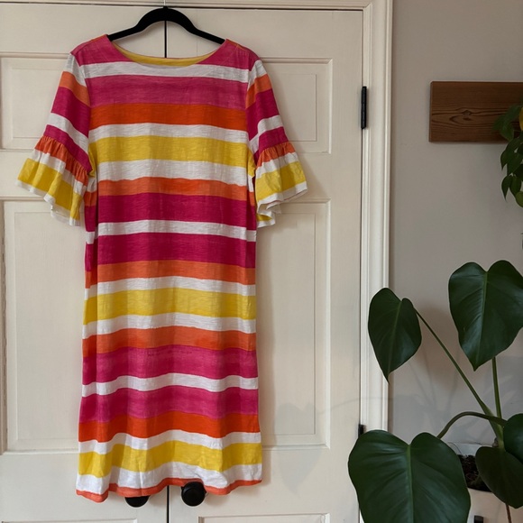 Chico's Size 2 Water Strokes Striped Ruffle Sleeve Knee Dress Cotton Chico Large